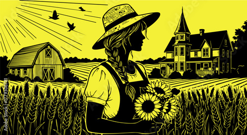 Farmer girl with sunflowers standing in a wheat field with barn and house behind