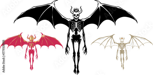 Three stylized winged demon figures in red white and beige against black backdrop