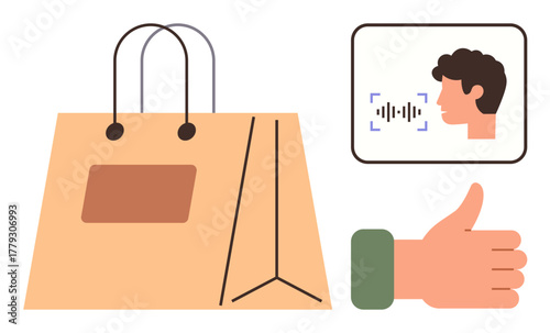 Shopping bag, face scan symbol, and thumbs-up gesture emphasize safe online shopping and voice recognition. Ideal for e-commerce, technology, security, innovation, consumer trust, verification