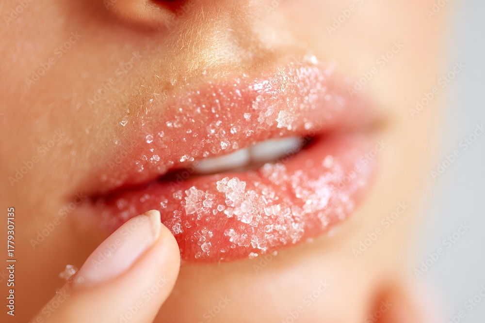 Naklejka premium Close-up of Young Woman Applying Sugar Lip Scrub for Soft and Smooth Lips