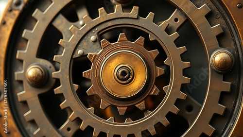 vigor. A hyper-detailed, aged bronze clockwork mechanism with a single gear removed, emitting golden light. product launch decks, UI/UX mockups, designed for product launches and innovation pitches.