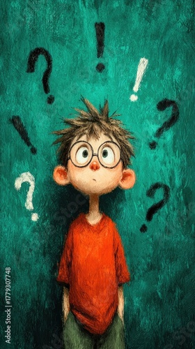 Illustration of a curious young boy with glasses looking at large question marks and exclamation marks, concept of curiosity, learning, and discovery in education
