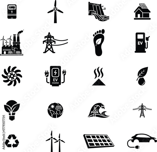 Renewable Energy and Power Glyph Icons Set - Sustainability and Electric Vehicle Symbols