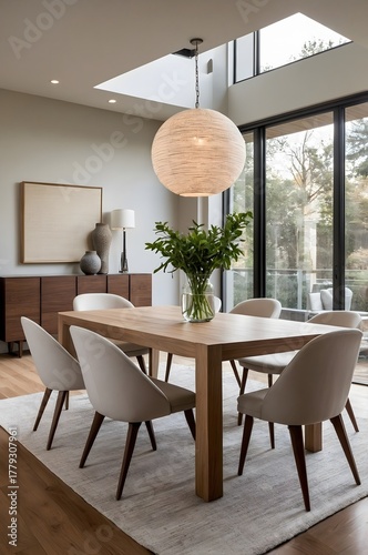 Light-Filled Modern Lounge with Minimalist Decor, Harmonious Color Palette, and Stylish Wood-Framed Furniture