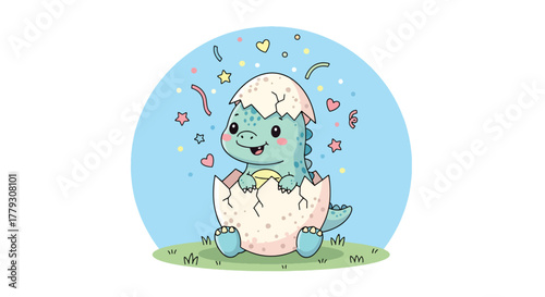Baby chibi dinosaur hatching from cracked egg with confetti and stars. Fun and cheerful kids wallpaper in solid pastel colors