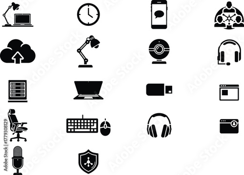 Office, Technology, and Communication Glyph Icons Set - Digital Work and Remote Equipment Symbols