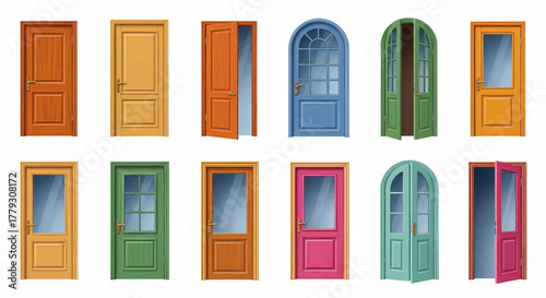 Set of colorful cartoon front doors in different styles, open and closed home entrances, flat vector illustration
