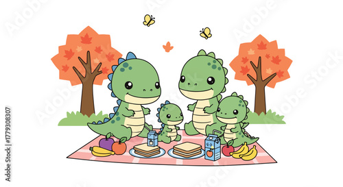 Chibi dinosaur family enjoying picnic with food under trees, butterflies and soft hills. Warm wholesome kids wallpaper