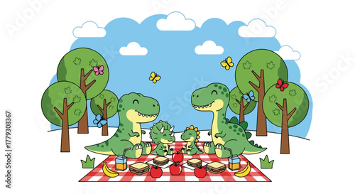 Chibi dinosaur family enjoying picnic with food under trees, butterflies and soft hills. Warm wholesome kids wallpaper