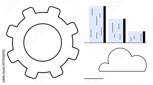 Gear, cloud, and bar chart represent concepts of technology, process optimization, cloud computing, data analysis, workflows, business solutions and digital innovation. Ideal for teamwork digital