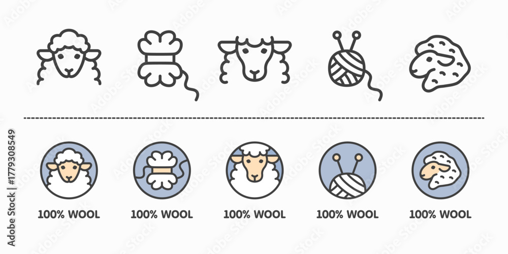 Fototapeta premium Set of wool 100 percent pure icon isolated on background. Vector signs for clothes and fabric product with skein of yarn and cute cartoon sheep head