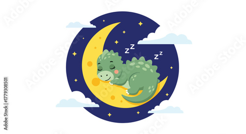 Baby chibi dinosaur sleeping on crescent moon surrounded by stars and clouds. Calm dreamy kids night wallpaper