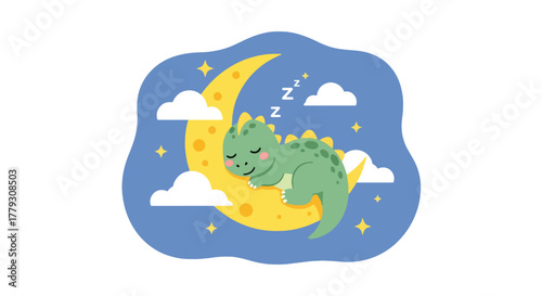 Baby chibi dinosaur sleeping on crescent moon surrounded by stars and clouds. Calm dreamy kids night wallpaper