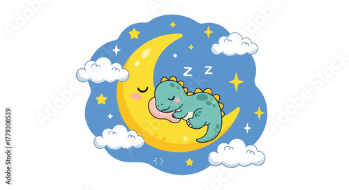 Baby chibi dinosaur sleeping on crescent moon surrounded by stars and clouds. Calm dreamy kids night wallpaper