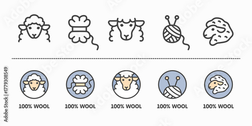 Set of wool 100 percent pure icon isolated on background. Vector signs for clothes and fabric product with skein of yarn and cute cartoon sheep head