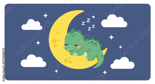 Baby chibi dinosaur sleeping on crescent moon surrounded by stars and clouds. Calm dreamy kids night wallpaper