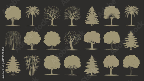 Collection of various tree silhouettes in different styles
