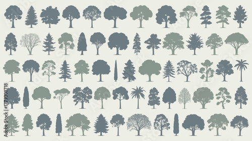 Collection of diverse tree silhouettes in various styles and shapes