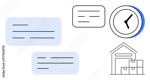 Warehouse and shipping boxes, clock signifying time management, and text templates for communication. Ideal for logistics, inventory, time efficiency, e-commerce, shipping, warehouse operations