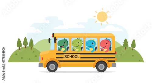 Chibi dinosaurs riding in school bus, waving happily while driving through hills. Fun back-to-school wallpaper