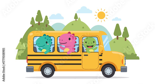 Chibi dinosaurs riding in school bus, waving happily while driving through hills. Fun back-to-school wallpaper