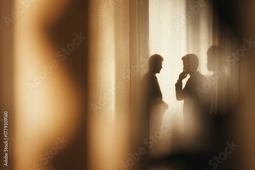 Silhouetted figures of three individuals in front of a window, light and shadow play