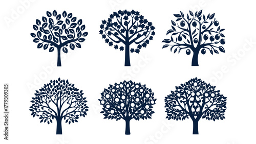 Orchard of Life: Silhouettes of diverse fruit trees in a stylized collection, celebrating the beauty and bounty of nature's harvest.