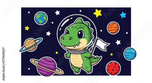 Chibi dinosaur floating in space wearing astronaut costume and helmet, surrounded by planets and stars. Adventure kids wallpaper