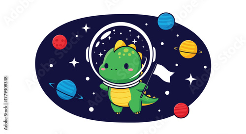 Chibi dinosaur floating in space wearing astronaut costume and helmet, surrounded by planets and stars. Adventure kids wallpaper