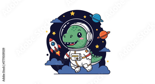Chibi dinosaur floating in space wearing astronaut costume and helmet, surrounded by planets and stars. Adventure kids wallpaper