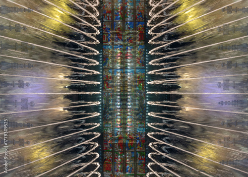 DREAM N°110 – Cathedral of Light and Water Symmetry. Surreal and metaphysical artwork showing a perfect symmetrical fusion of water jets and colorful stained glass reflections
