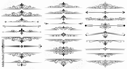 Collection of ornate filigree text dividers and classic baroque page rule lines, elegant vector illustration