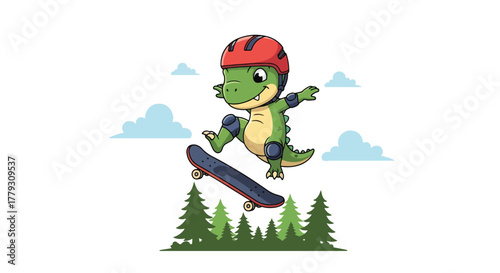 Chibi dinosaur performing skateboard trick wearing tiny helmet, playful urban kids wallpaper