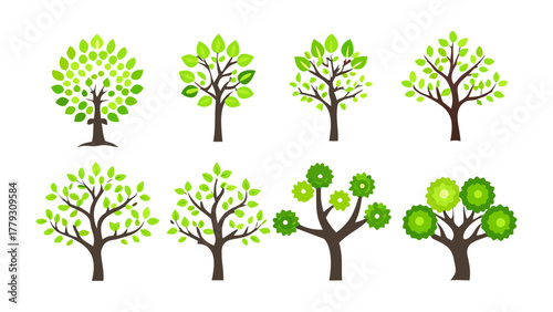Diverse Tree Collection: A visually pleasing array of tree illustrations, each with unique leaf structures and branch patterns, conveying nature's intricate beauty.