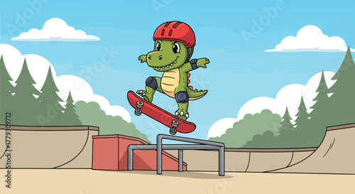 Chibi dinosaur performing skateboard trick wearing tiny helmet, playful urban kids wallpaper