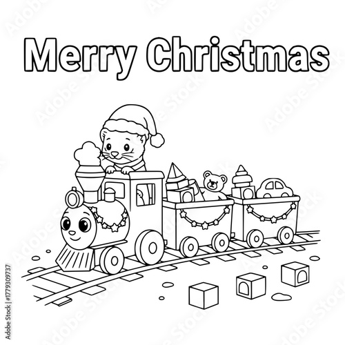 Ferret driving Christmas toy train with “Merry Christmas,” coloring book page for toddlers Generative AI