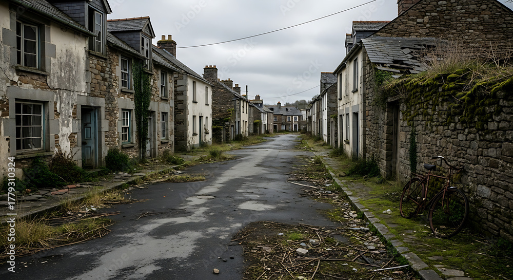 Obraz premium An atmospheric view of a desolate and forgotten street in a historic European village, where crumbling stone houses and overgrown facades convey a profound sense of abandonment and decay