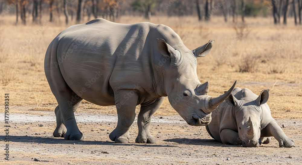 Obraz premium Majestic white rhinoceros cow tending to her resting calf in the African savanna
