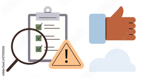 Magnifying glass over checklist, warning triangle, thumbs-up hand, and cloud. Ideal for analysis, feedback, tasks, productivity evaluation decision-making quality assurance. Simple flat metaphor
