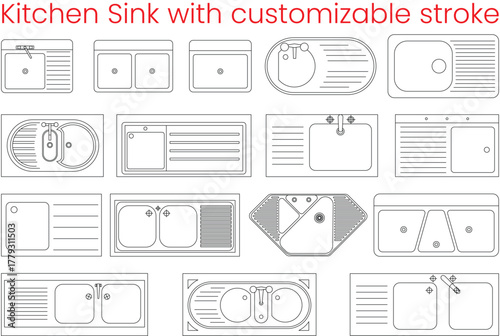 Kitchen sink plan set collection of different types of kitchen sinks, top view, customizable stroke, vector, illustration