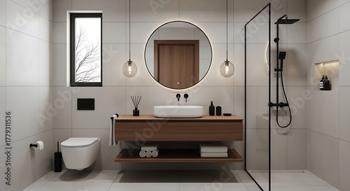 Modern Bathroom Design with Round Mirror and Walk-in Shower.