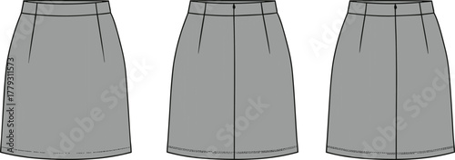 Fashion sketch, technical skirt illustration, pleated design, garment construction, apparel template, sewing pattern, front view, structured silhouette, minimal seams, waistband detail