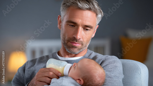 Man feeding baby with bottle, tender moment, indoor, family care, love and bonding