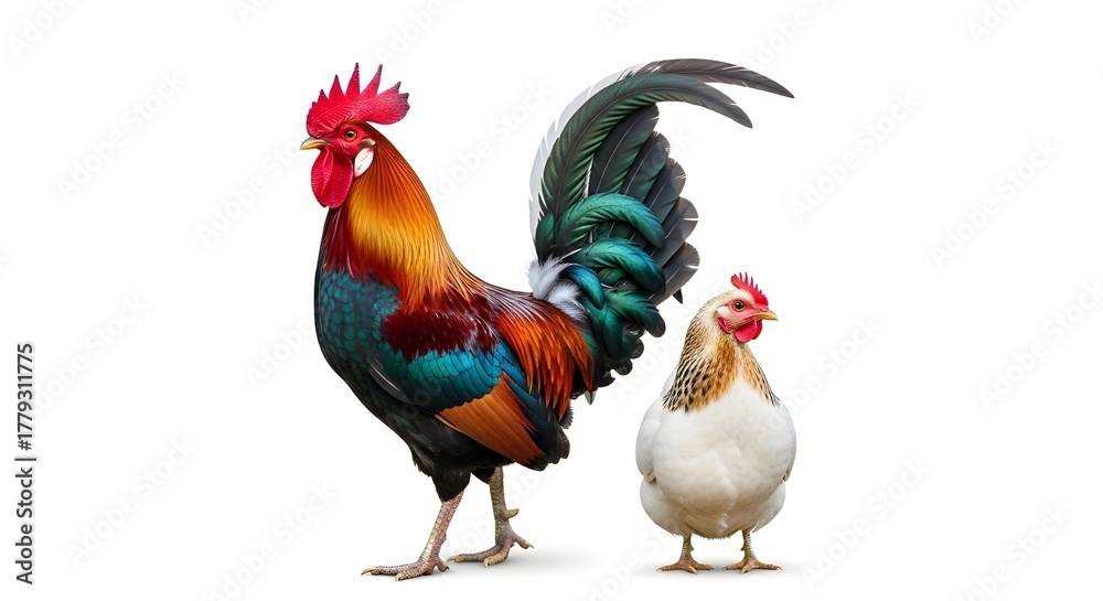Fototapeta premium A Beautiful and Colorful Rooster Standing Proudly Beside a Gentle Hen on a White Background, Showcasing the Vibrant Plumage, Natural Grace, and Harmony of Farmyard Life
