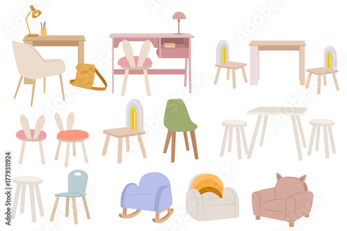 Kids chairs, tables and desks vector set. Modern children furniture collection for playroom and nursery interior design.