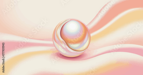 This beautifully crafted digital image features an iridescent pearl resting on flowing silk fabric, showcasing elegance and luxury in a soft pastel color palette.