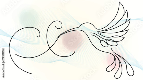Minimalist Line Drawing a Hummingbird in Motion with Delicate Abstract Wavy Patterns flight elegant continuous