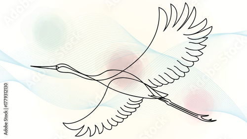 Elegant single line drawing a flying crane bird with abstract wavy elegant continuous wings feathers