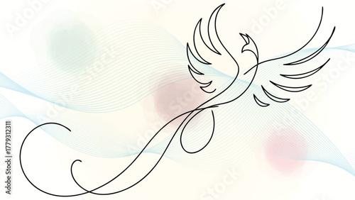 Minimalist Line Art a Phoenix Rising with Flowing Abstract Waves Pastel Circles bird elegant continuous