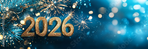 2026 Happy New Year deign with blue and gold sparkles and copy space